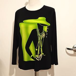 Fashionista green silhouette graphic on a black long sleeve tunic top Lg. EUC